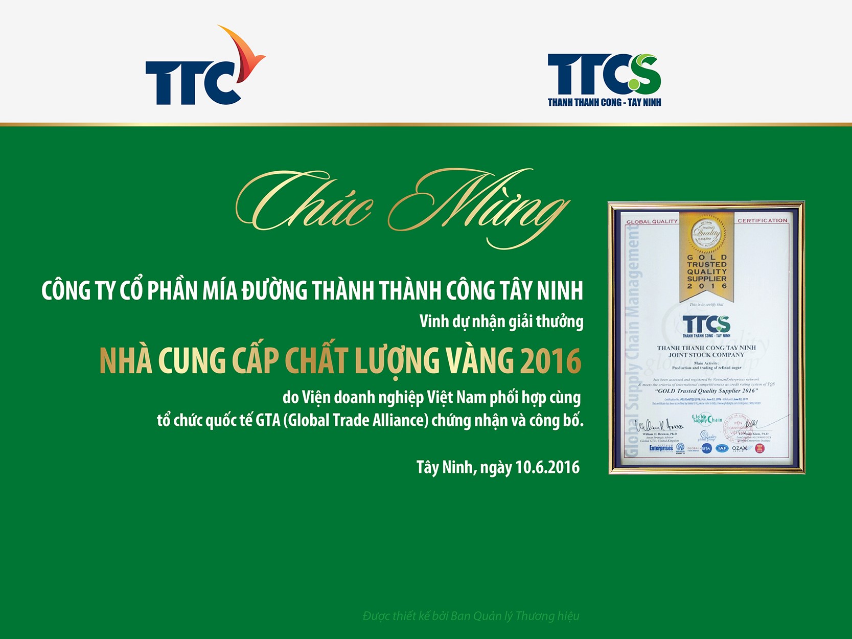 Chúc mừng TTCS nhận giải thưởng “Nhà cung cấp chất lượng vàng 2016”